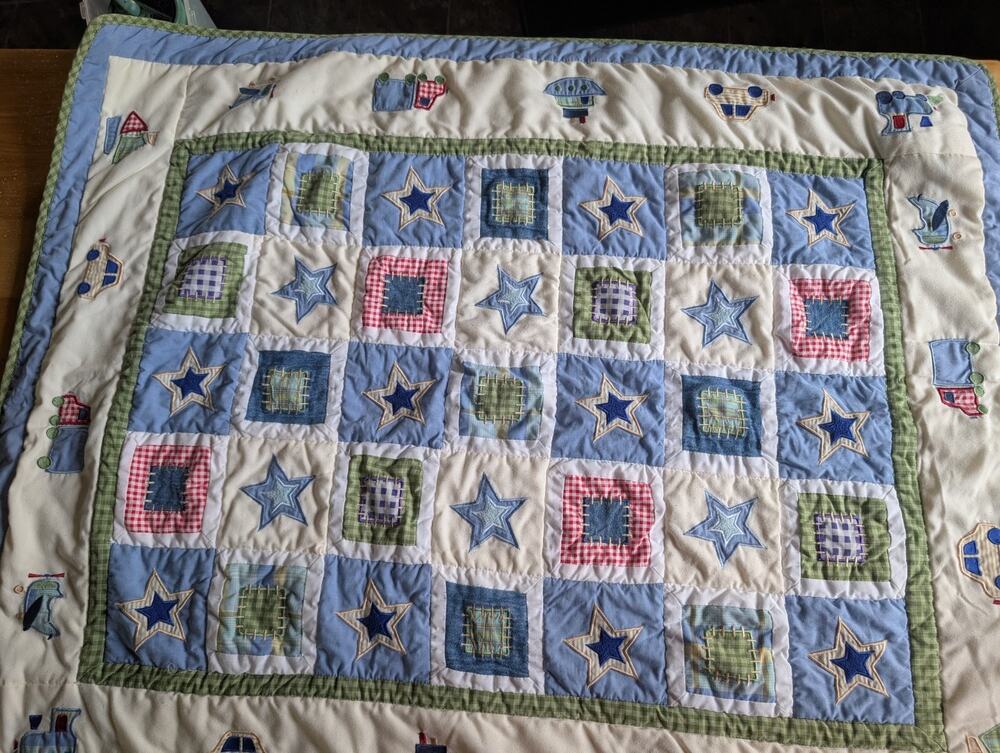 Baby Boy Quilt Blanket Patchwork Stars Trains Cars Spaceship Blue Green 44x34.5